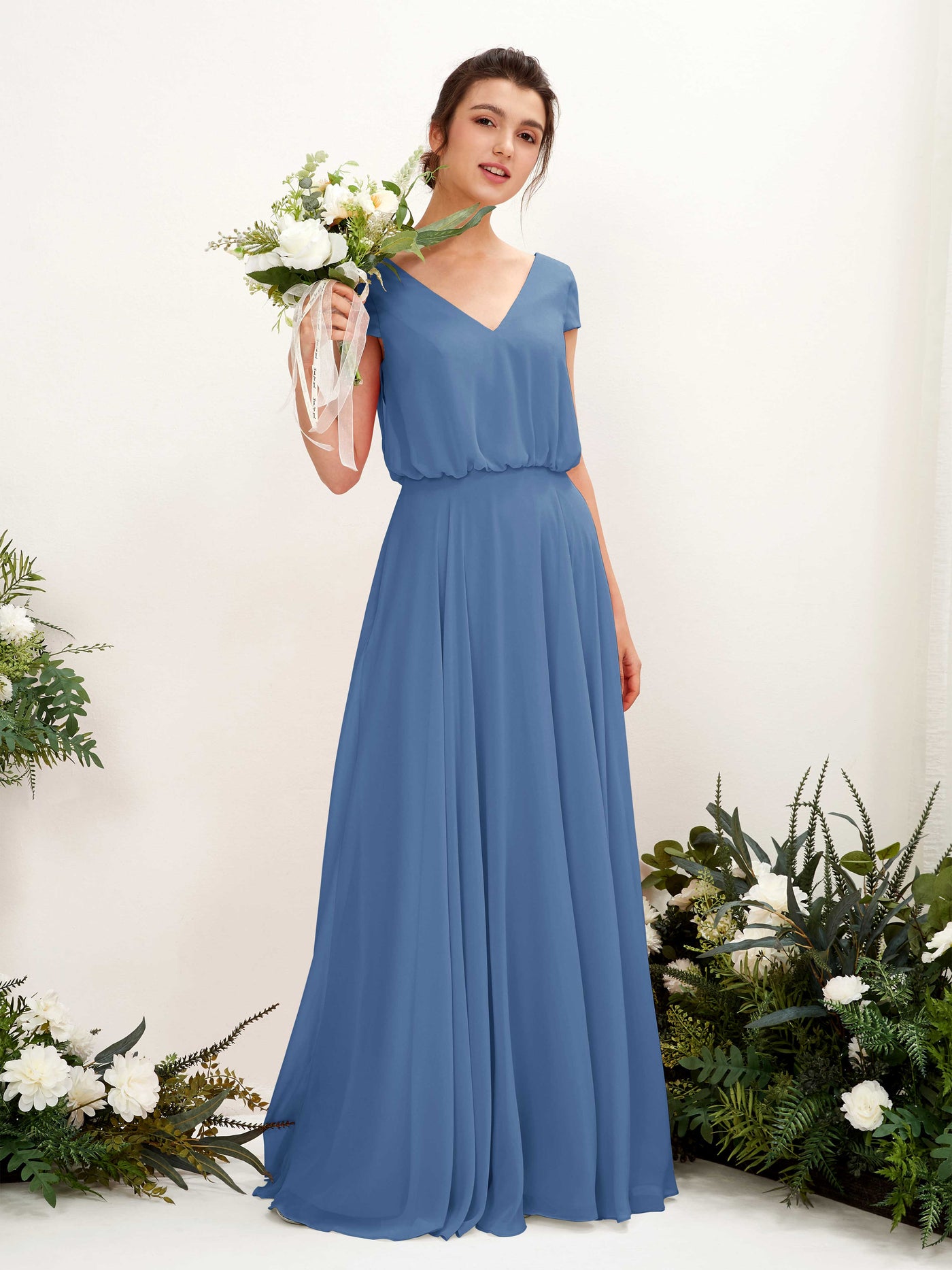 V-neck Cap Sleeves Chiffon Bridesmaid Dress - Dusty Blue (81221810)#color_dusty-blue