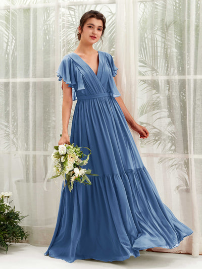 Carlyna Chaya A-Line Dusty Blue Bridesmaid Dress Maxi Cap Sleeve V-Neck Dress Front View #color_dusty-blue