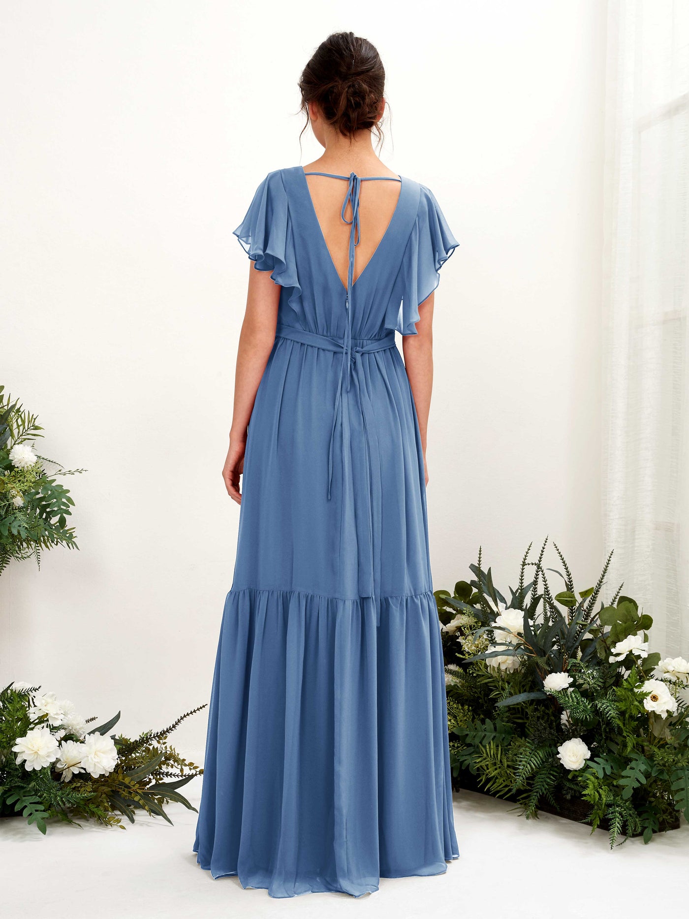 V-neck Cap Sleeves Chiffon Bridesmaid Dress - Dusty Blue (81225910)#color_dusty-blue
