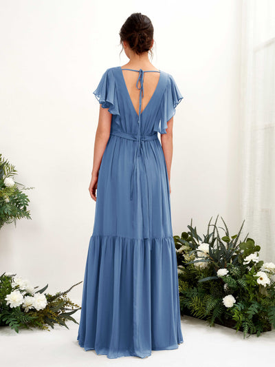 Carlyna Chaya A-Line Dusty Blue Bridesmaid Dress Maxi Cap Sleeve V-Neck Dress Back View #color_dusty-blue