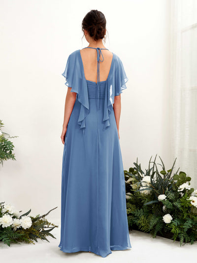 Carlyna Darlene A-Line Dusty Blue Bridesmaid Dress Maxi Short Sleeve V-Neck Dress Back View #color_dusty-blue