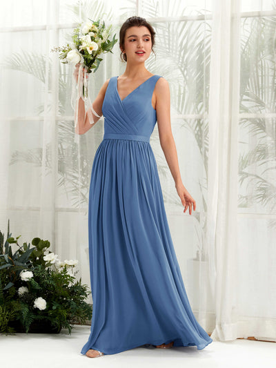 Carlyna Barbara A-Line Dusty Blue Bridesmaid Dress Maxi Sleeveless V-Neck Dress Front View #color_dusty-blue