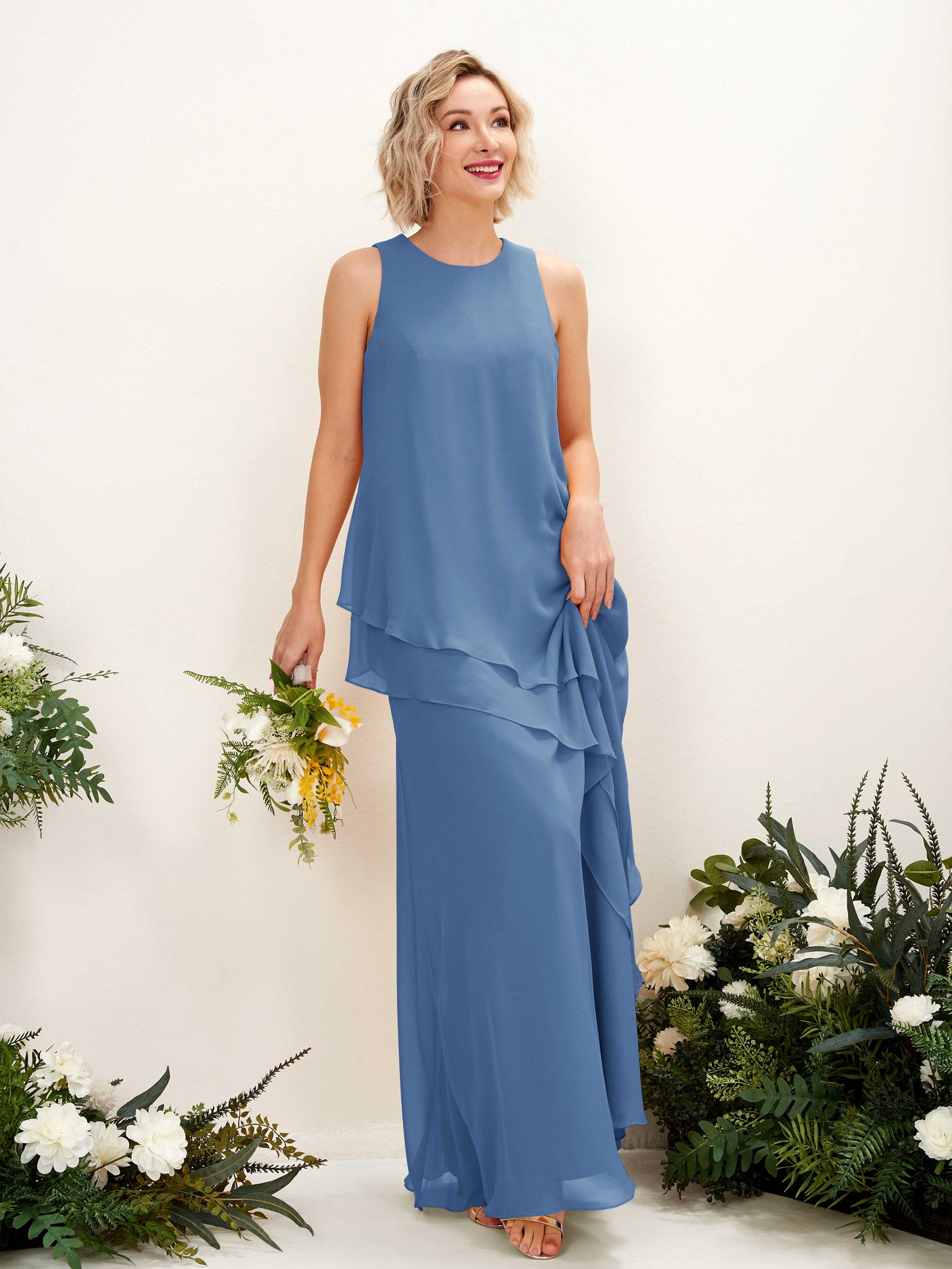 Round Sleeveless Chiffon Bridesmaid Dress - Dusty Blue (81222310)#color_dusty-blue