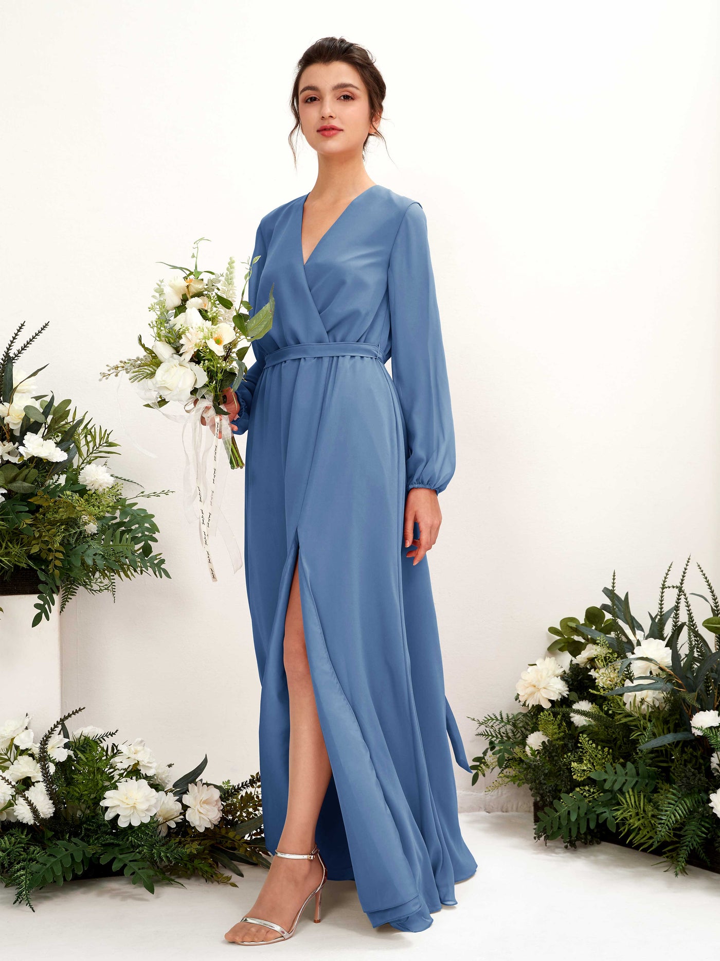 V-neck Long Sleeves Chiffon Bridesmaid Dress - Dusty Blue (81223210)#color_dusty-blue