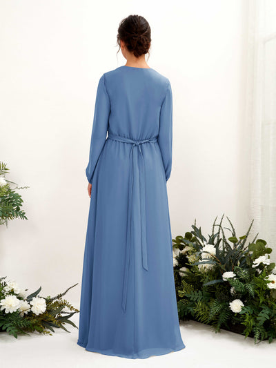 Carlyna Elsie A-Line Dusty Blue Bridesmaid Dress Maxi Long Sleeve V-Neck Back View #color_dusty-blue