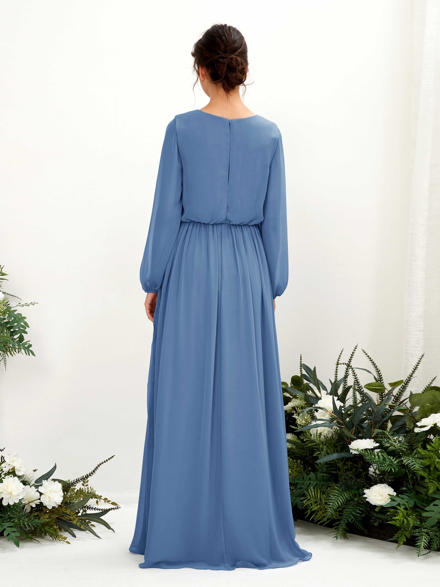 V-neck Long Sleeves Chiffon Bridesmaid Dress - Dusty Blue (81223810)#color_dusty-blue