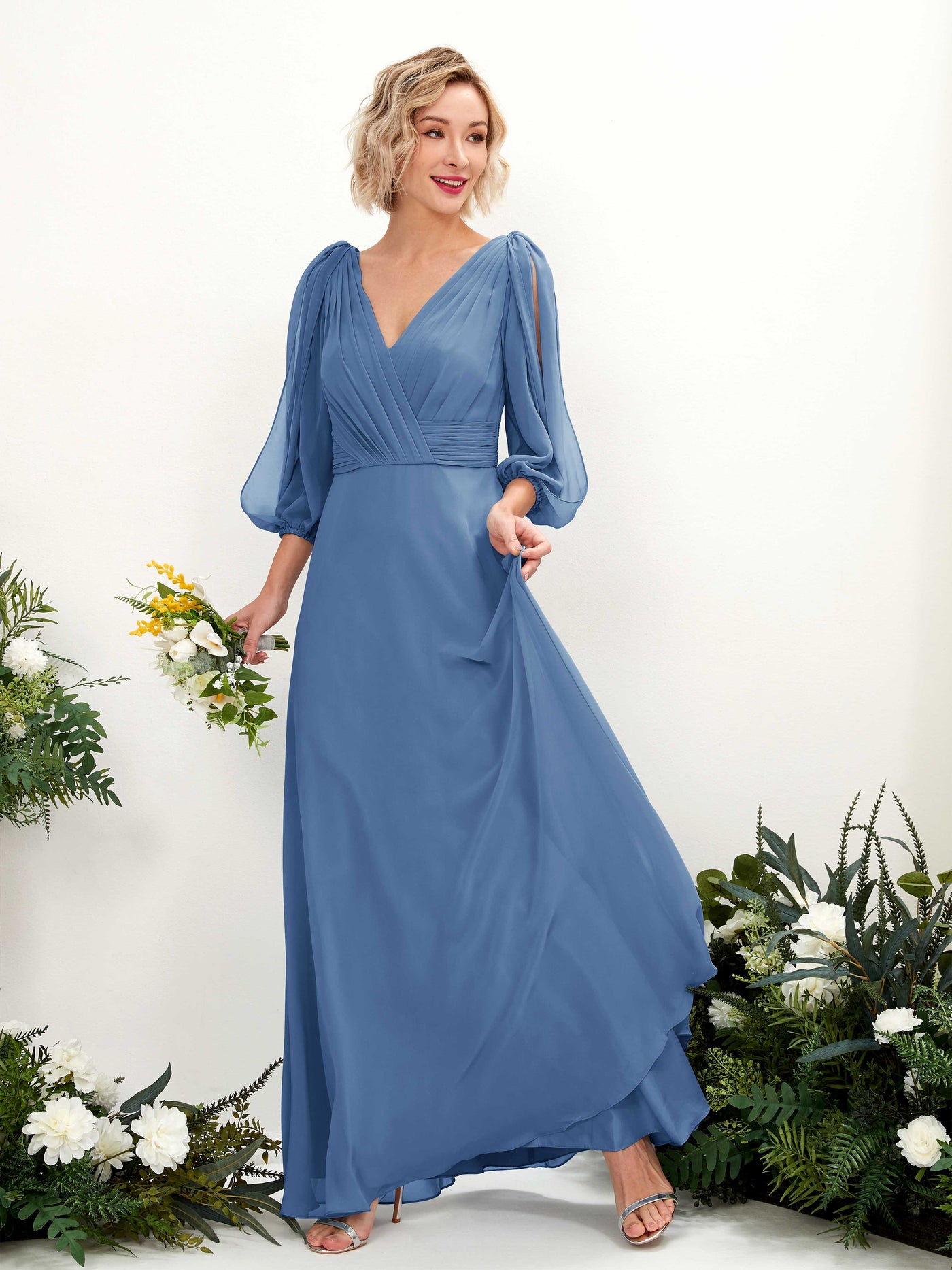 V-neck 3/4 Sleeves Chiffon Bridesmaid Dress - Dusty Blue (81223510)#color_dusty-blue