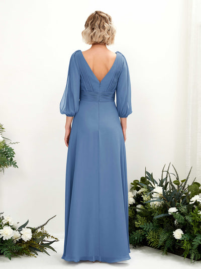 Carlyna Antonia A-Line Dusty Blue Bridesmaid Dress Maxi Three Quarter Sleeve V-Neck Dress Back View #color_dusty-blue