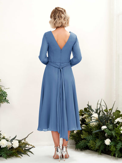 Carlyna Joanna A-Line Dusty Blue Bridesmaid Dress Midi Long Sleeve V-Neck  #color_dusty-blue