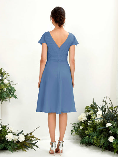 Carlyna Betty A-Line Dusty Blue Bridesmaid Dress Knee-Length Short Sleeve V-Neck Dress Back View #color_dusty-blue
