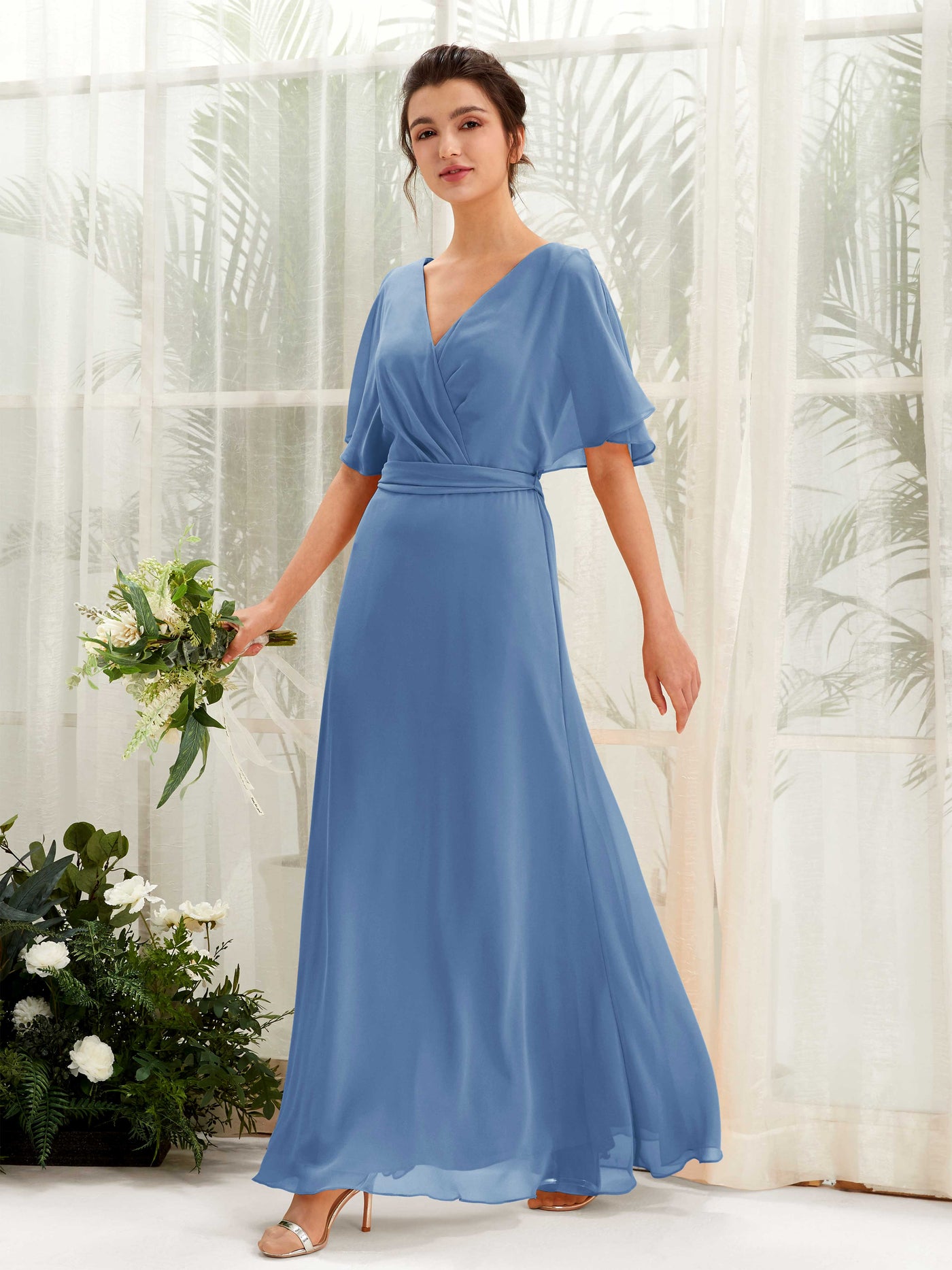 V-neck Short Sleeves Chiffon Bridesmaid Dress - Dusty Blue (81222410)#color_dusty-blue