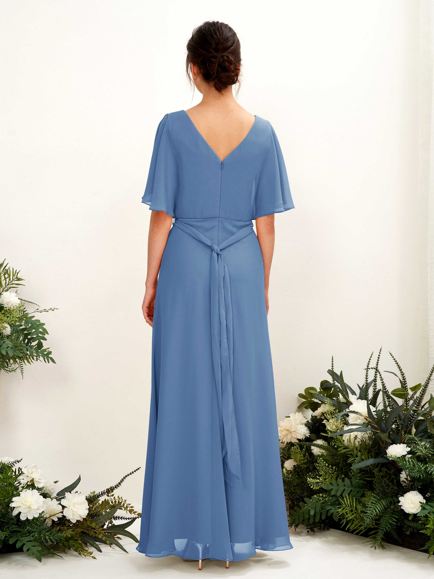 V-neck Short Sleeves Chiffon Bridesmaid Dress - Dusty Blue (81222410)#color_dusty-blue
