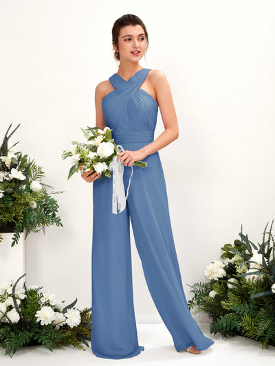 Carlyna Hilona Jumpsuit Dusty Blue Bridesmaid Dress Maxi Sleeveless V-Neck Dress Front View #color_dusty-blue