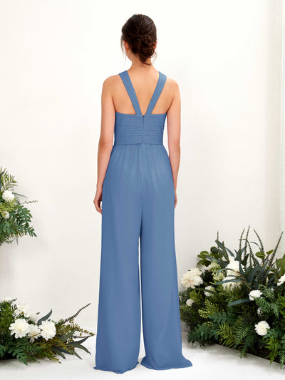 Carlyna Hilona Jumpsuit Dusty Blue Bridesmaid Dress Maxi Sleeveless V-Neck Dress Back View #color_dusty-blue