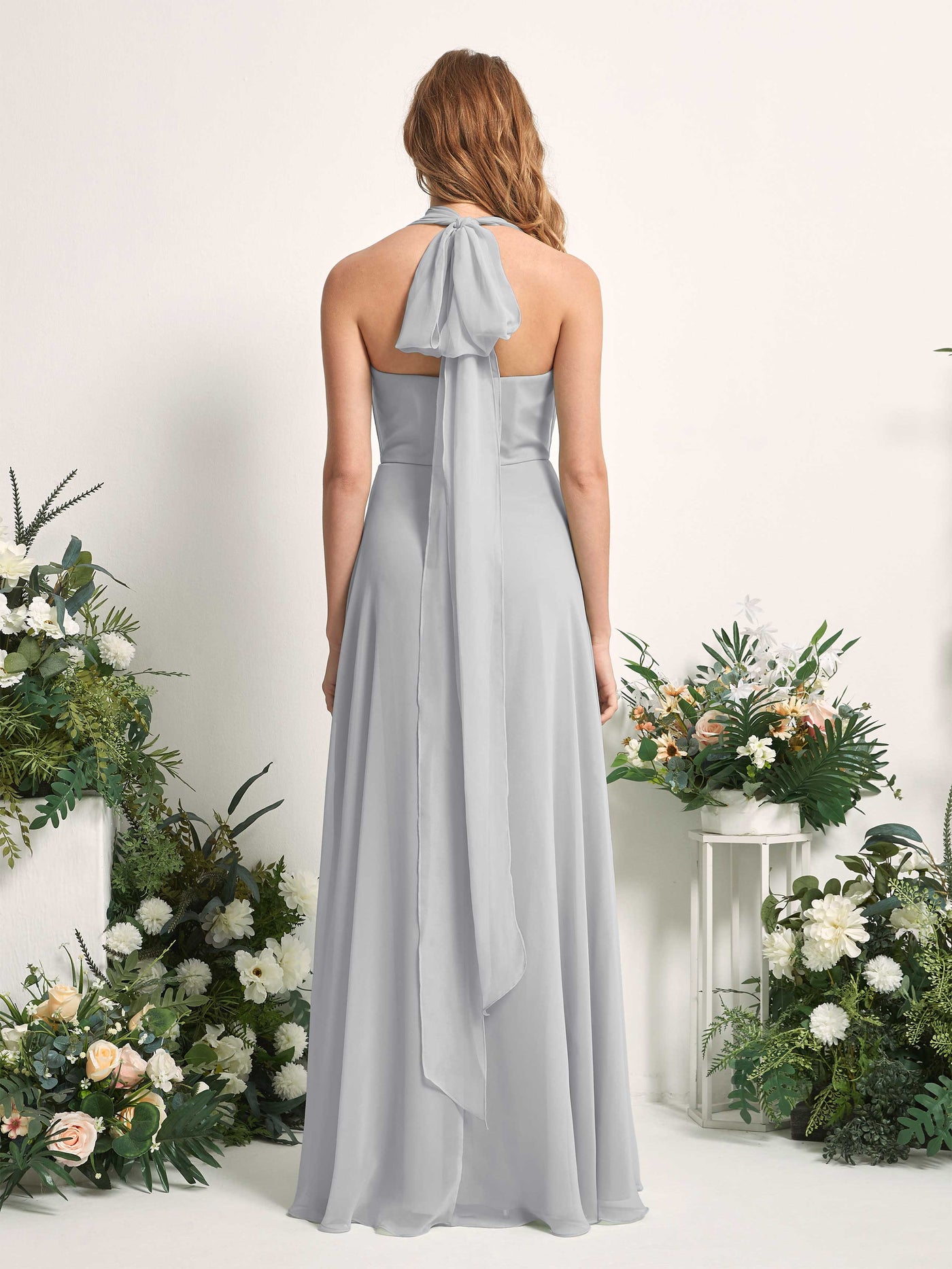 Bridesmaid Dress A-line Chiffon Halter Full Length Short Sleeves Wedding Party Dress - Silver (81226327)#color_silver