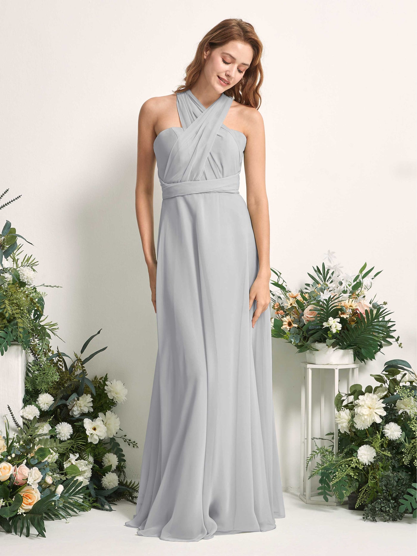 Bridesmaid Dress A-line Chiffon Halter Full Length Short Sleeves Wedding Party Dress - Silver (81226327)#color_silver