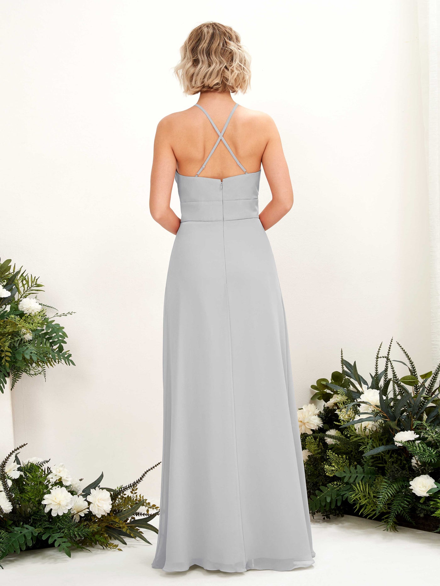 A-line Ball Gown Halter Spaghetti-straps Sleeveless Bridesmaid Dress - Silver (81225227)#color_silver