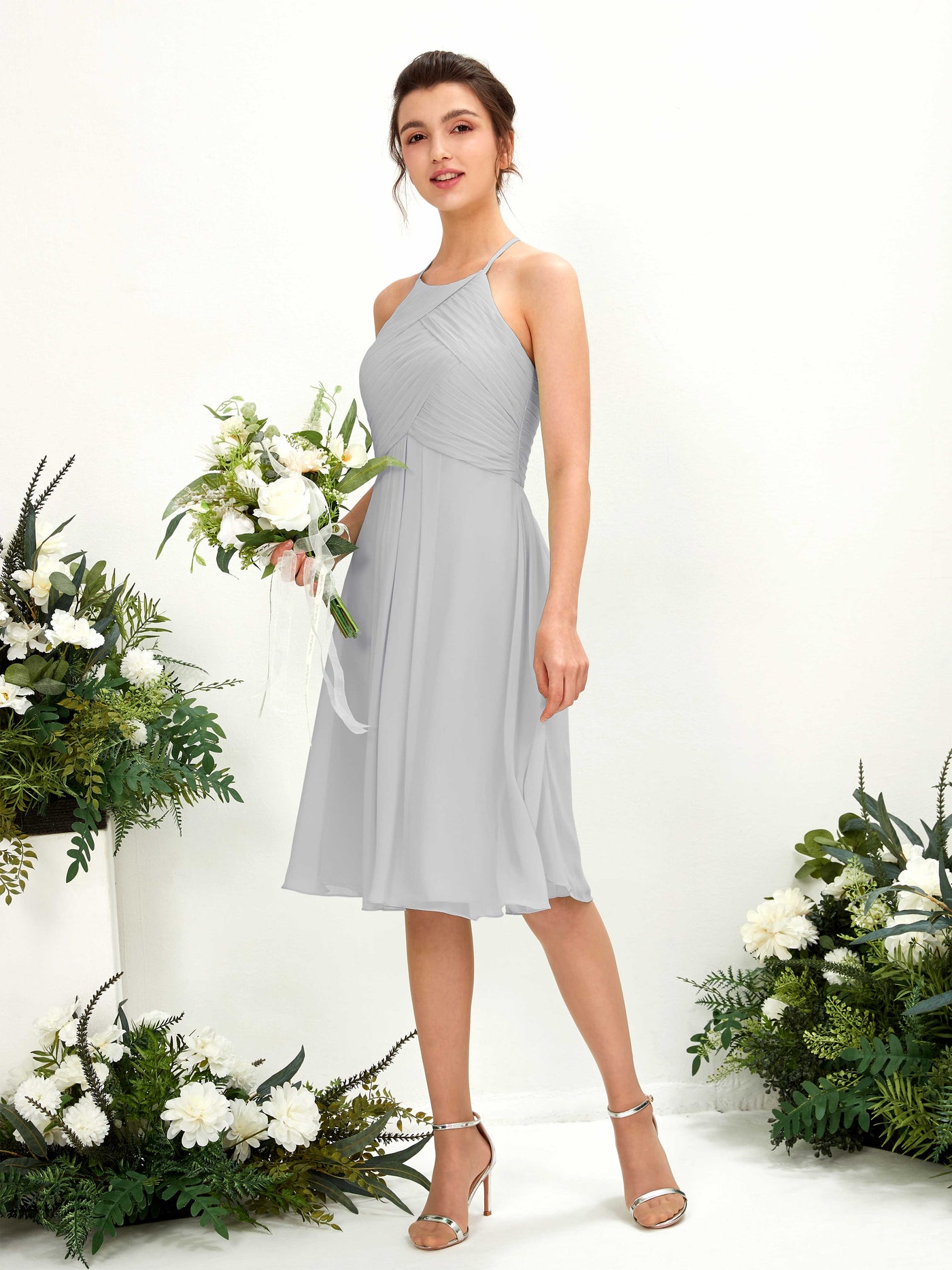 A-line Halter Sleeveless Chiffon Bridesmaid Dress - Silver (81220427)#color_silver