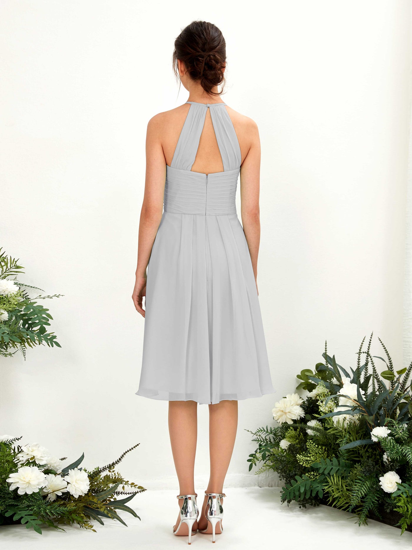 A-line Halter Sleeveless Chiffon Bridesmaid Dress - Silver (81220427)#color_silver