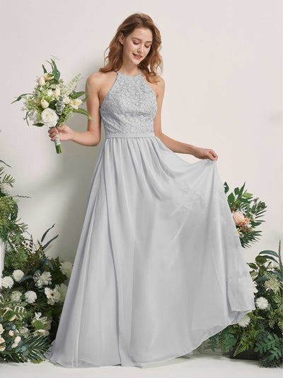 Carlyna Denise A-Line Silver Embroidered Bridesmaid Dress Maxi Sleeveless Round Neck Dress Front View #color_silver