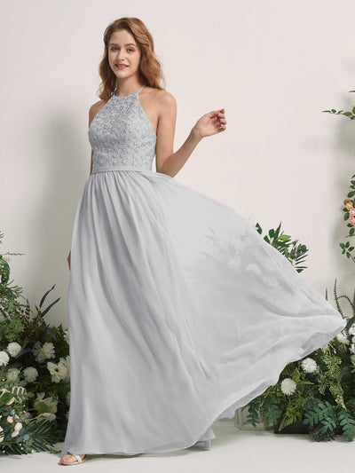 Carlyna Denise A-Line Silver Embroidered Bridesmaid Dress Maxi Sleeveless Round Neck Dress Side View 2 #color_silver