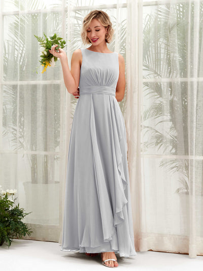 Carlyna Brianna A-Line Silver Bridesmaid Dress Maxi Sleeveless Boat Neck Dress Front View #color_silver