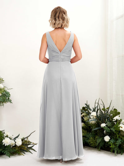 Carlyna Brianna A-Line Silver Bridesmaid Dress Maxi Sleeveless Boat Neck Dress Back View #color_silver