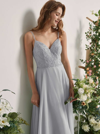 Carlyna Gail A-Line Silver Beaded Bridesmaid Dress Maxi Sleeveless V-Neck Dress Side View 3 #color_silver