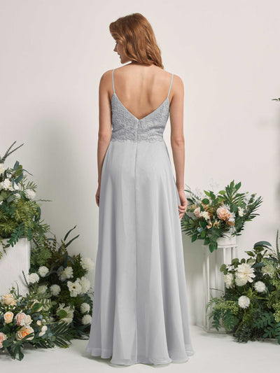 Carlyna Gail A-Line Silver Beaded Bridesmaid Dress Maxi Sleeveless V-Neck Dress Back View #color_silver