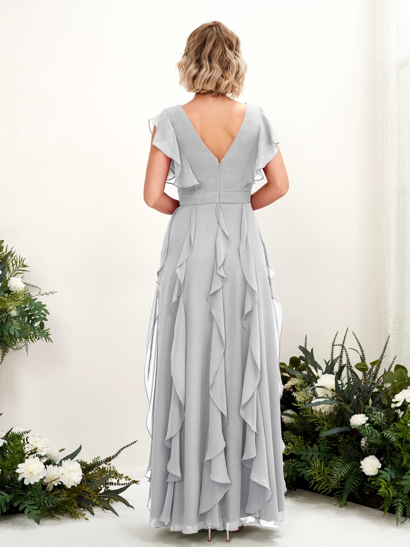 A-line V-neck Short Sleeves Chiffon Bridesmaid Dress - Silver (81226027)#color_silver