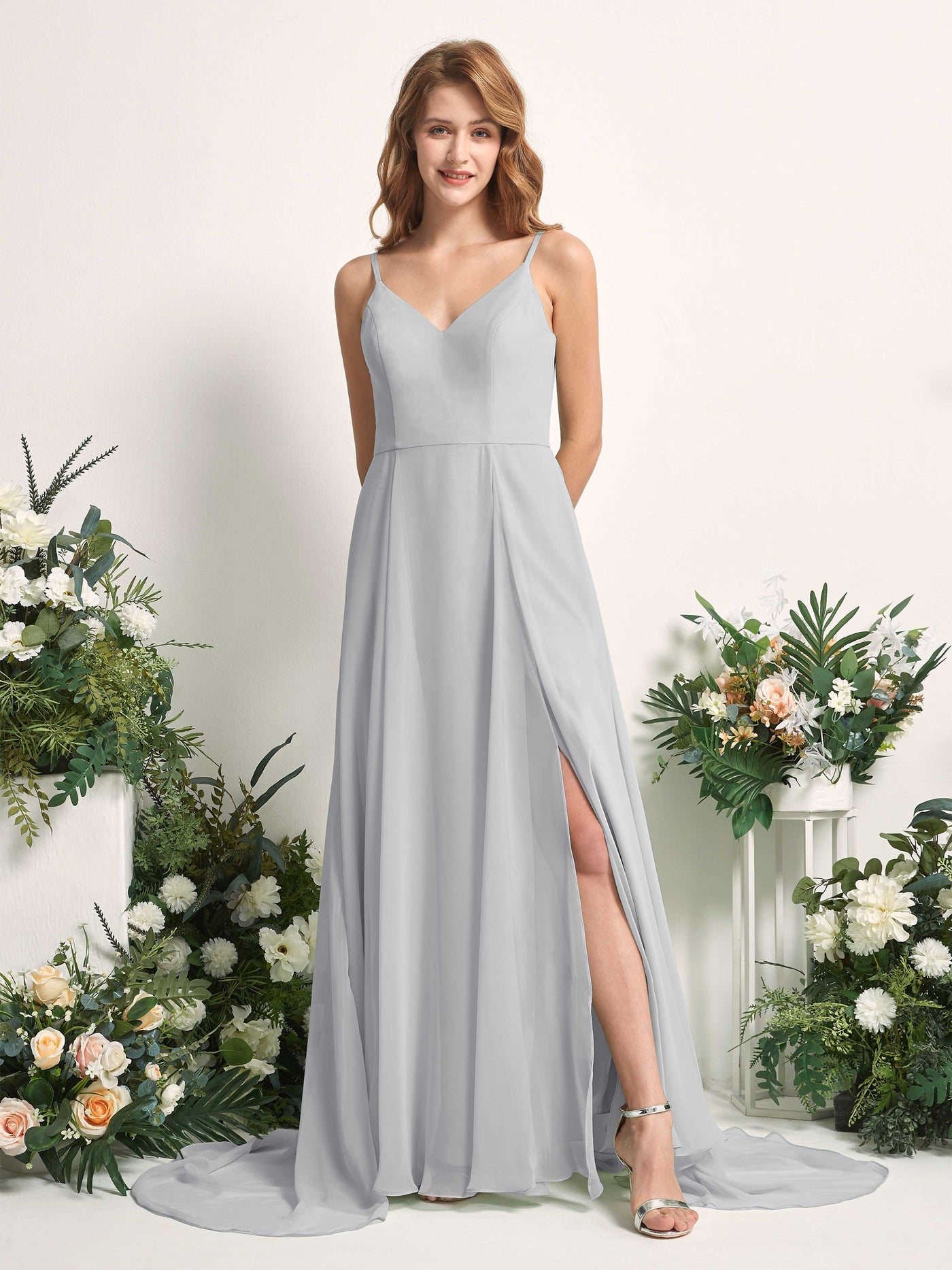 Bridesmaid Dress A-line Chiffon Spaghetti-straps Full Length Sleeveless Wedding Party Dress - Silver (81227727)#color_silver