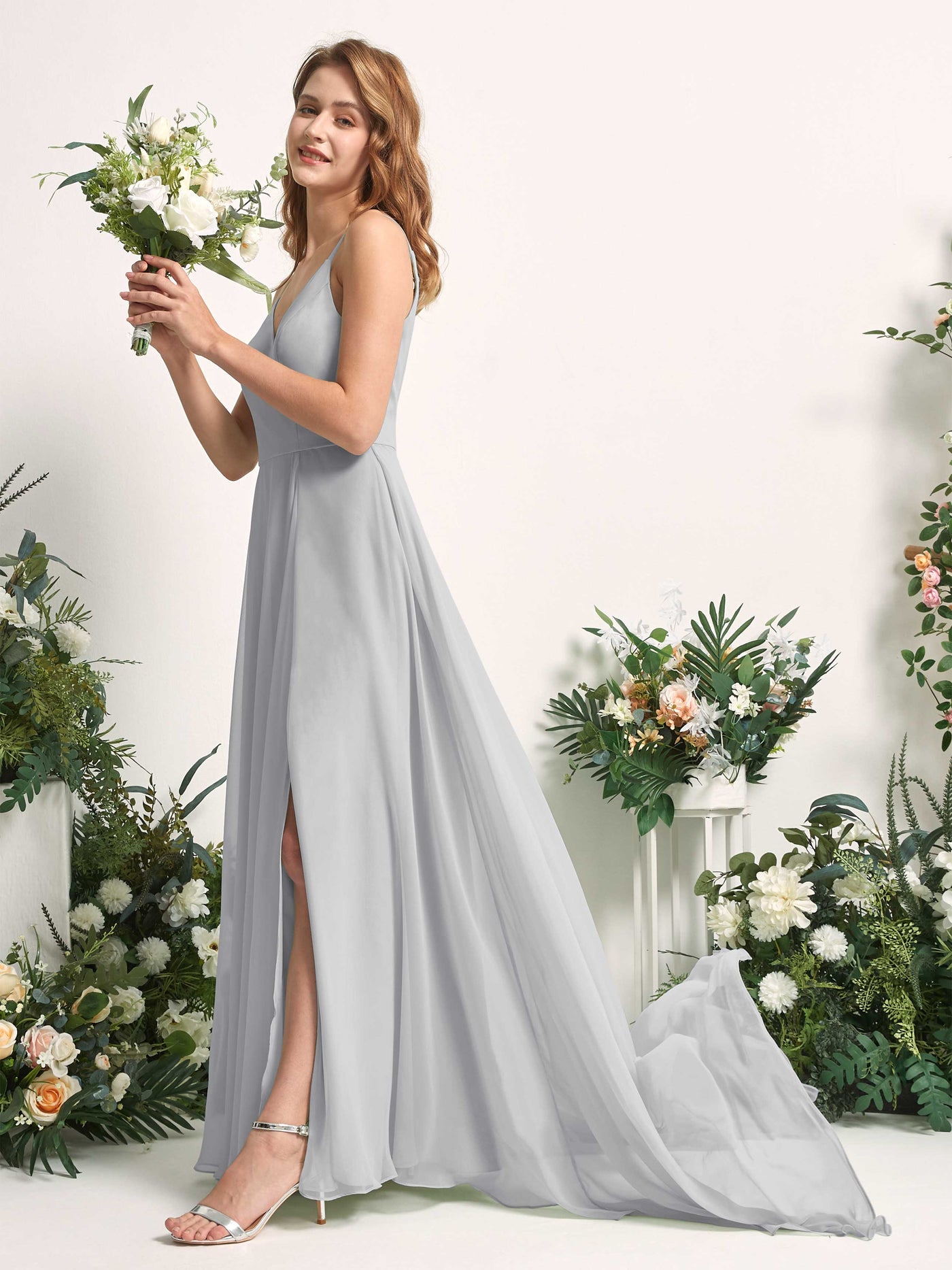Bridesmaid Dress A-line Chiffon Spaghetti-straps Full Length Sleeveless Wedding Party Dress - Silver (81227727)#color_silver