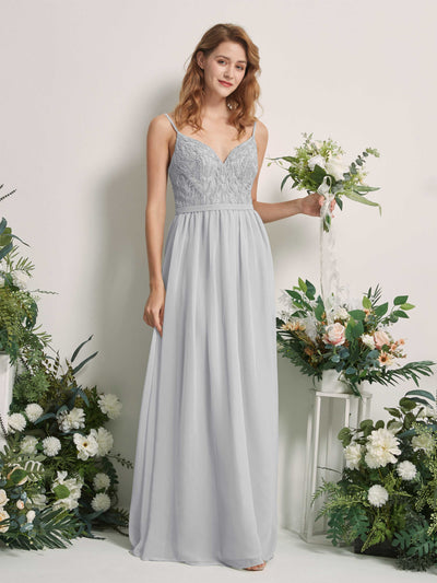 Carlyna Alexandra A-Line Silver Beaded Bridesmaid Dress Maxi Sleeveless V-Neck Dress Front View #color_silver