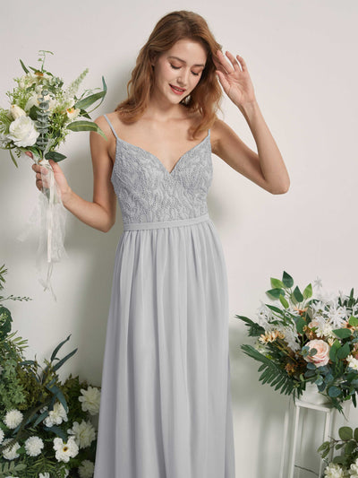 Carlyna Alexandra A-Line Silver Beaded Bridesmaid Dress Maxi Sleeveless V-Neck Dress Side View 2 #color_silver