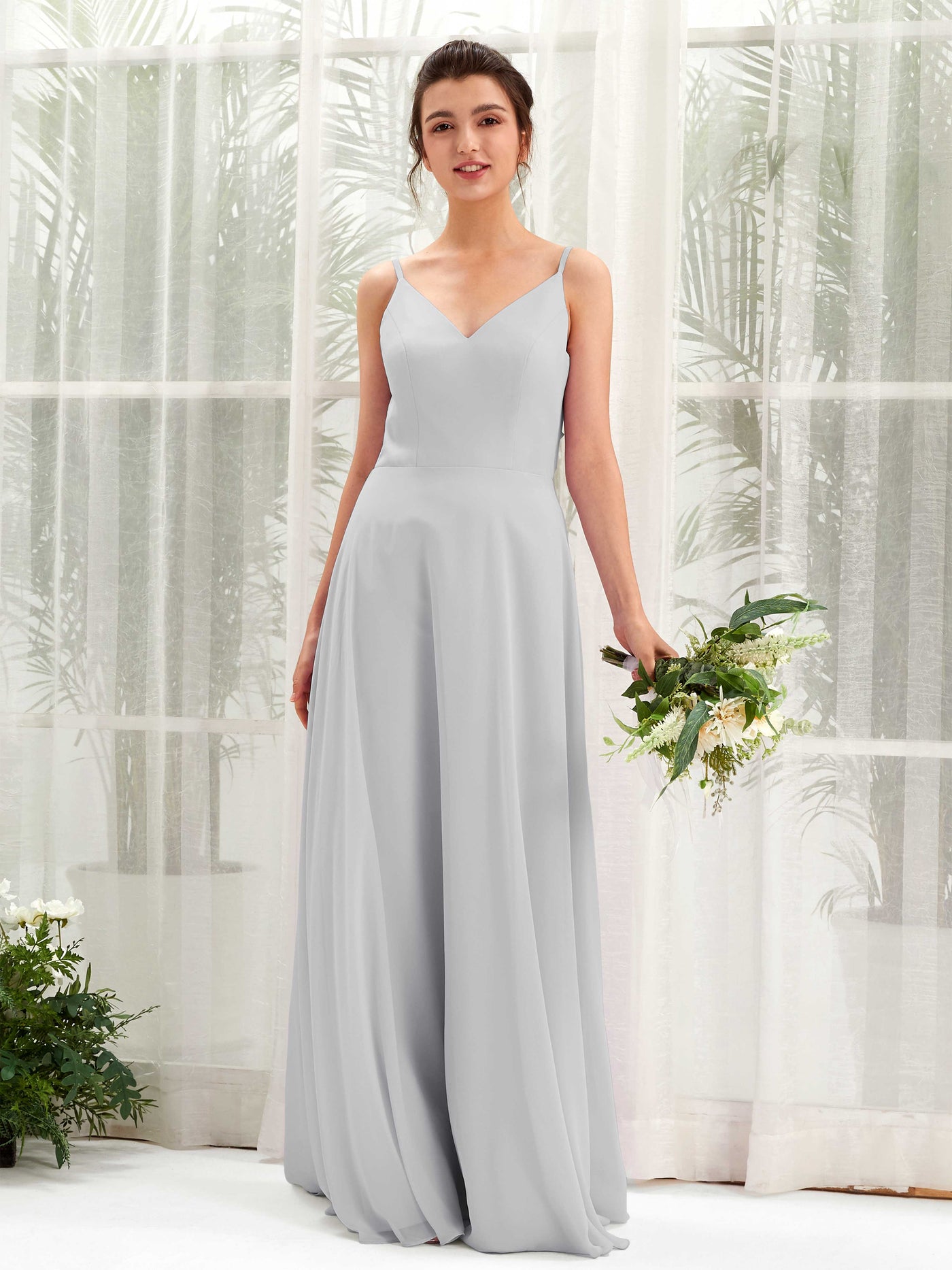A-line Spaghetti-straps V-neck Sleeveless Chiffon Bridesmaid Dress - Silver (81220627)#color_silver