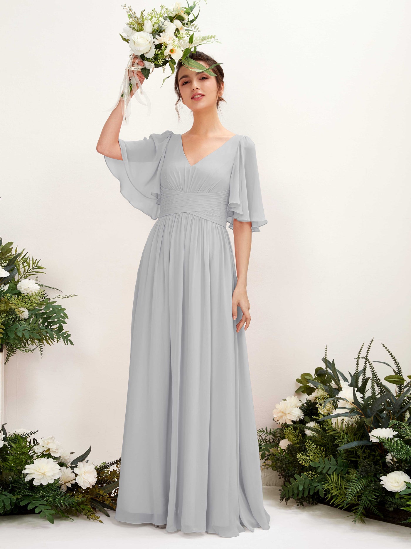 A-line V-neck 1/2 Sleeves Chiffon Bridesmaid Dress - Silver (81221627)#color_silver