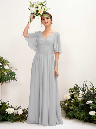 Carlyna Odette A-Line Silver Bridesmaid Dress Maxi Short Sleeve V-Neck Dress #color_silver