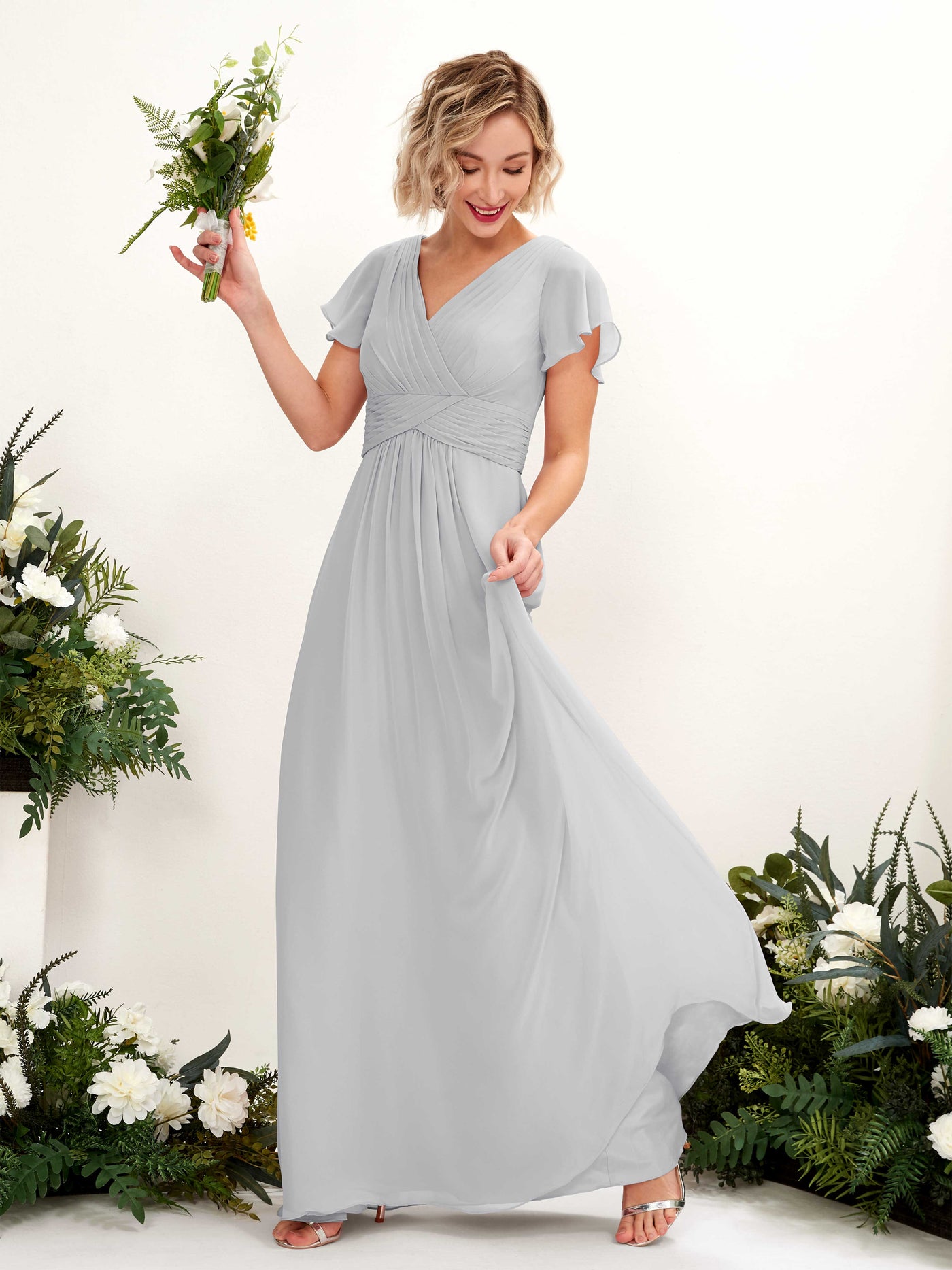 A-line V-neck Cap Sleeves Chiffon Bridesmaid Dress - Silver (81224327)#color_silver