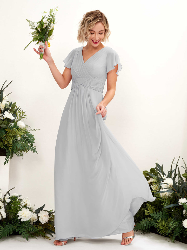 A-line V-neck Cap Sleeves Chiffon Bridesmaid Dress - Silver (81224327)