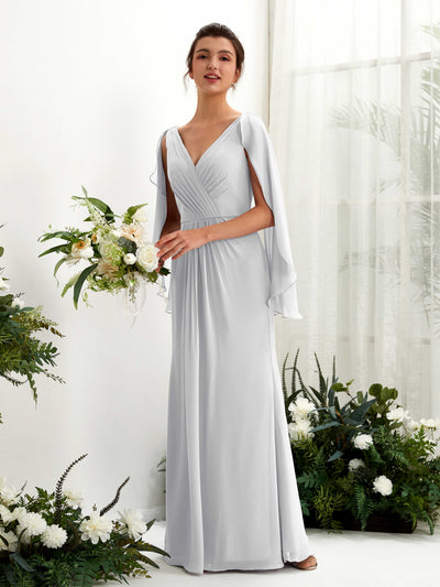 Carlyna Alain A-Line Silver Bridesmaid Dress Maxi Cap Sleeve V-Neck Dress Front View #color_silver