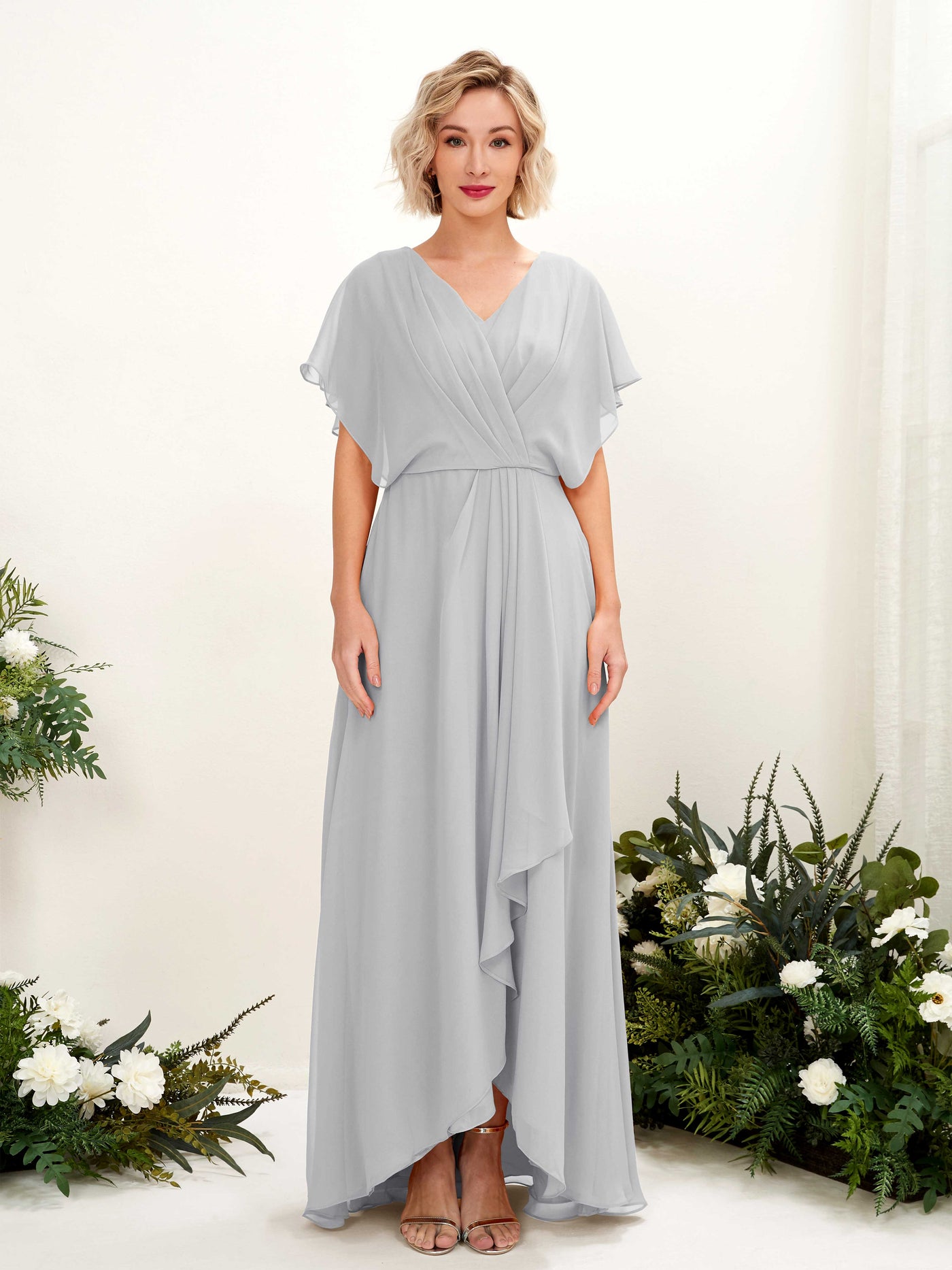 A-line V-neck Short Sleeves Chiffon Bridesmaid Dress - Silver (81222127)#color_silver