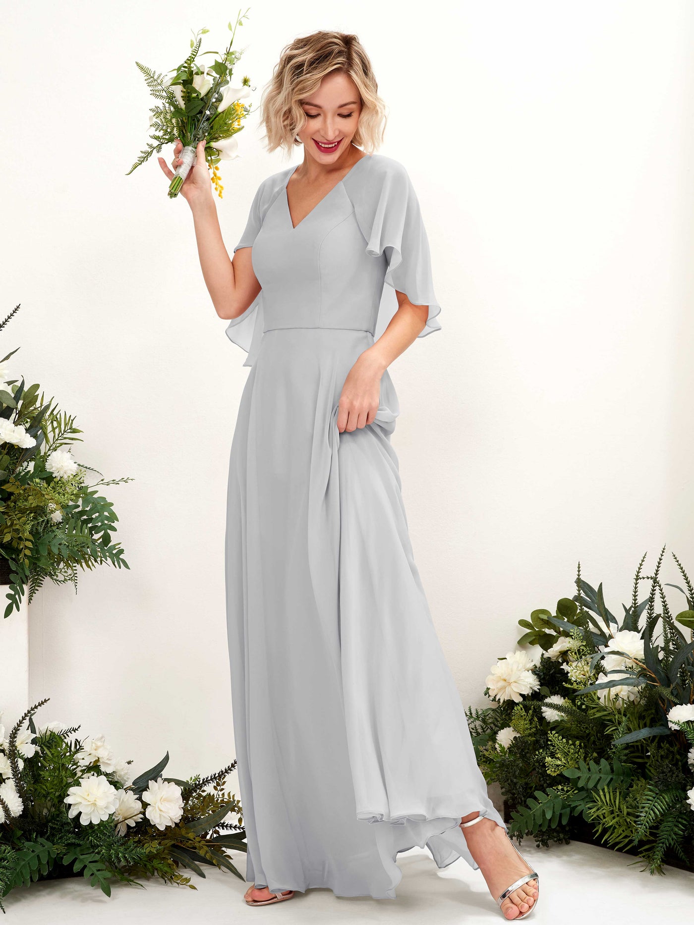 A-line V-neck Short Sleeves Chiffon Bridesmaid Dress - Silver (81224427)#color_silver