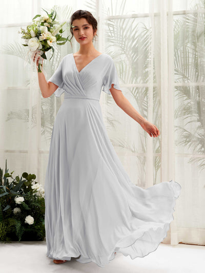 Carlyna Daphne A-Line Silver Bridesmaid Dress Maxi Short Sleeve V-Neck Dress Front View #color_silver