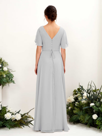 Carlyna Daphne A-Line Silver Bridesmaid Dress Maxi Short Sleeve V-Neck Dress Back View #color_silver