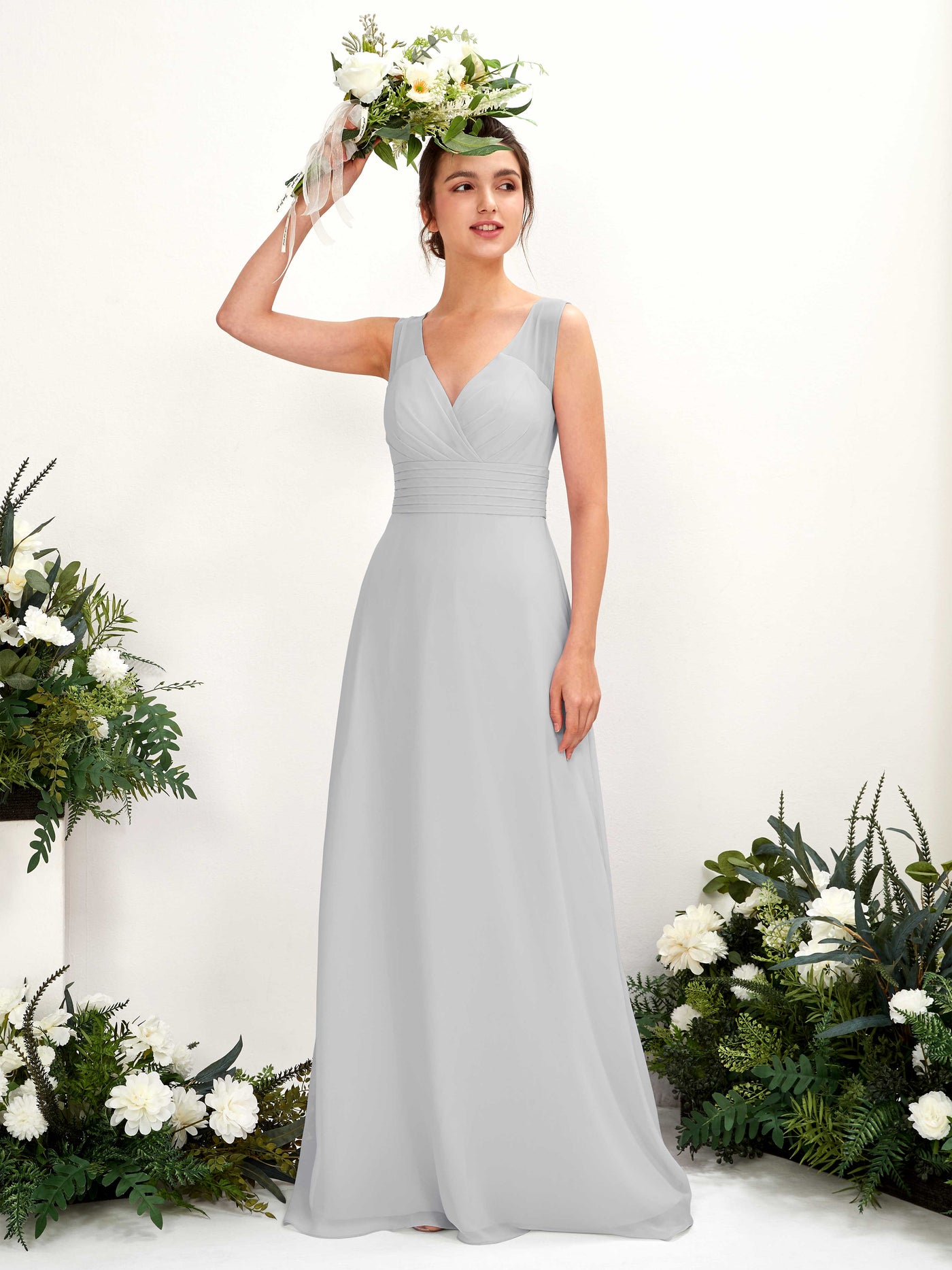 A-line V-neck Sleeveless Chiffon Bridesmaid Dress - Silver (81220927)#color_silver