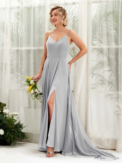 Carlyna Mana A-Line Silver Bridesmaid Dress Maxi Sleeveless V-Neck Dress #color_silver