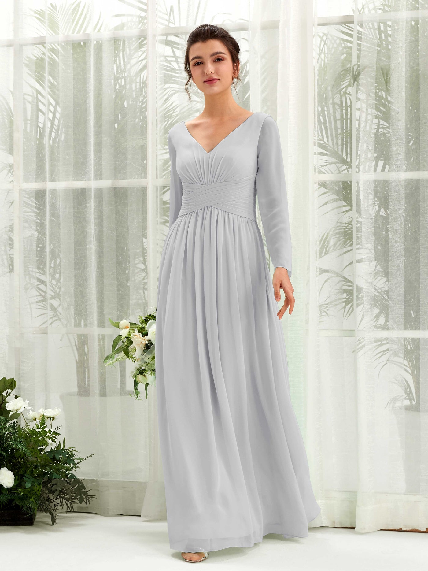 Ball Gown V-neck Long Sleeves Chiffon Bridesmaid Dress - Silver (81220327)#color_silver