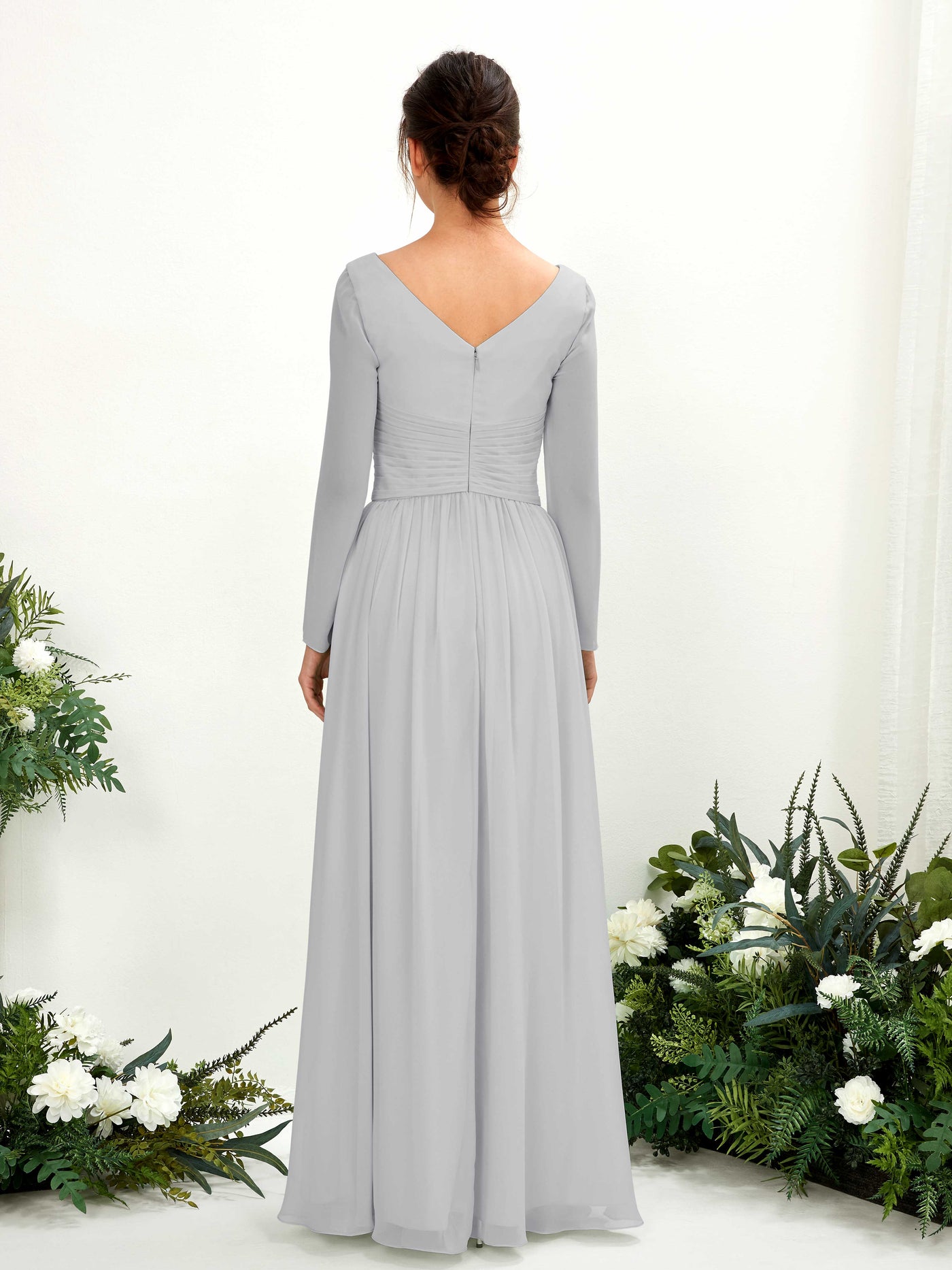 Ball Gown V-neck Long Sleeves Chiffon Bridesmaid Dress - Silver (81220327)#color_silver