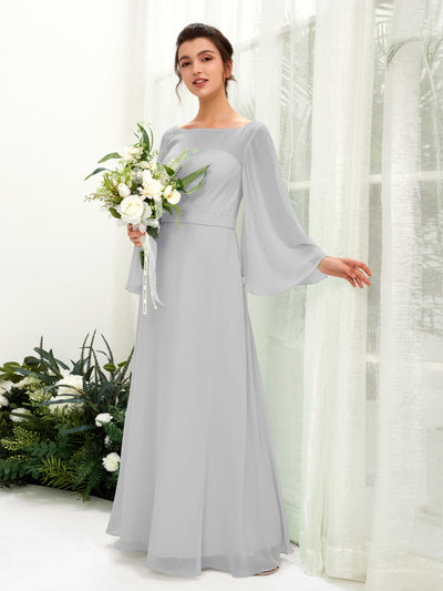 Carlyna Elie A-Line Silver Bridesmaid Dress Maxi Long Sleeve Boat Neck Front View #color_silver