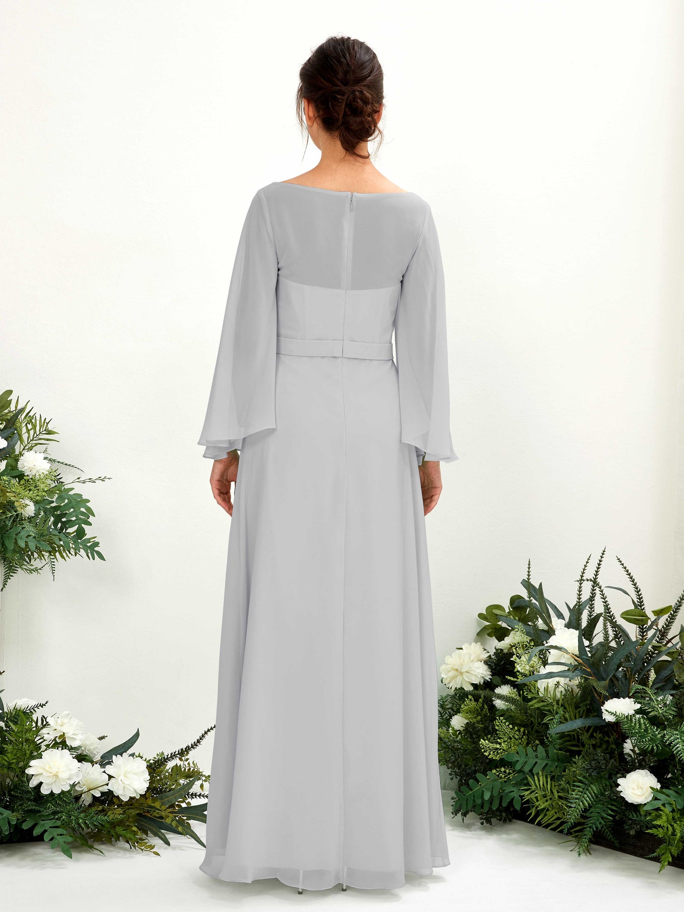 Bateau Illusion Long Sleeves Chiffon Bridesmaid Dress - Silver (81220527)#color_silver